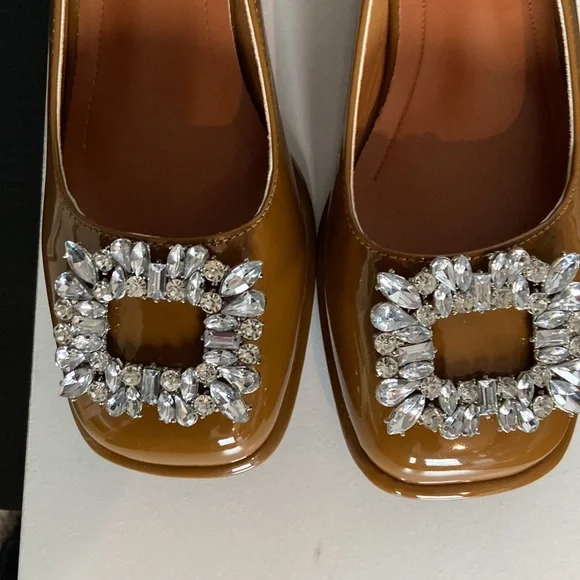 fashion shoes Brown patent leather Flat Size 10/41 NWT sling back fasten Gems - Picture 2 of 8